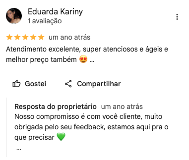 Avaliação 5 estrelas de Eduarda Kariny no Google sobre atendimento ágil