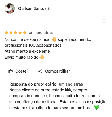 Avaliação 5 estrelas de Quilson Santos no Google sobre envio muito rápido